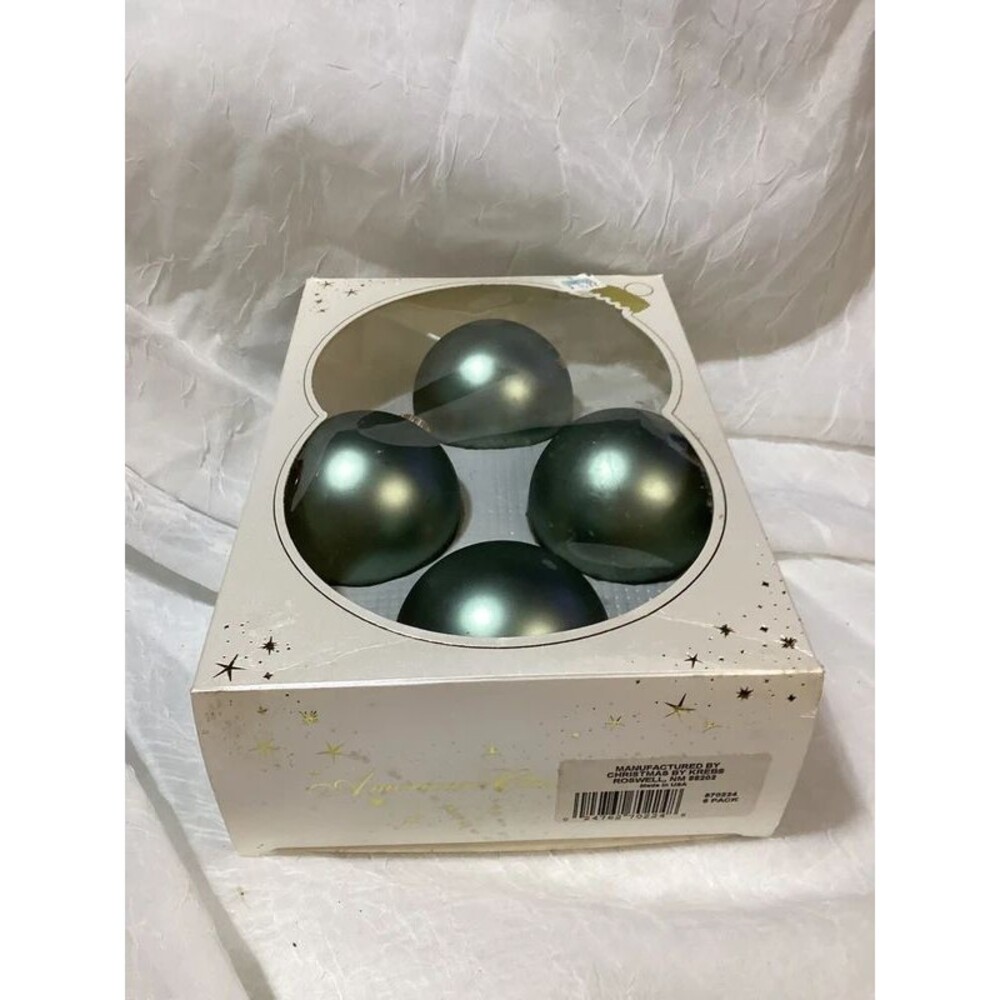 Krebs Vintage Satin Green Glass Balls in Original Box Set of Four